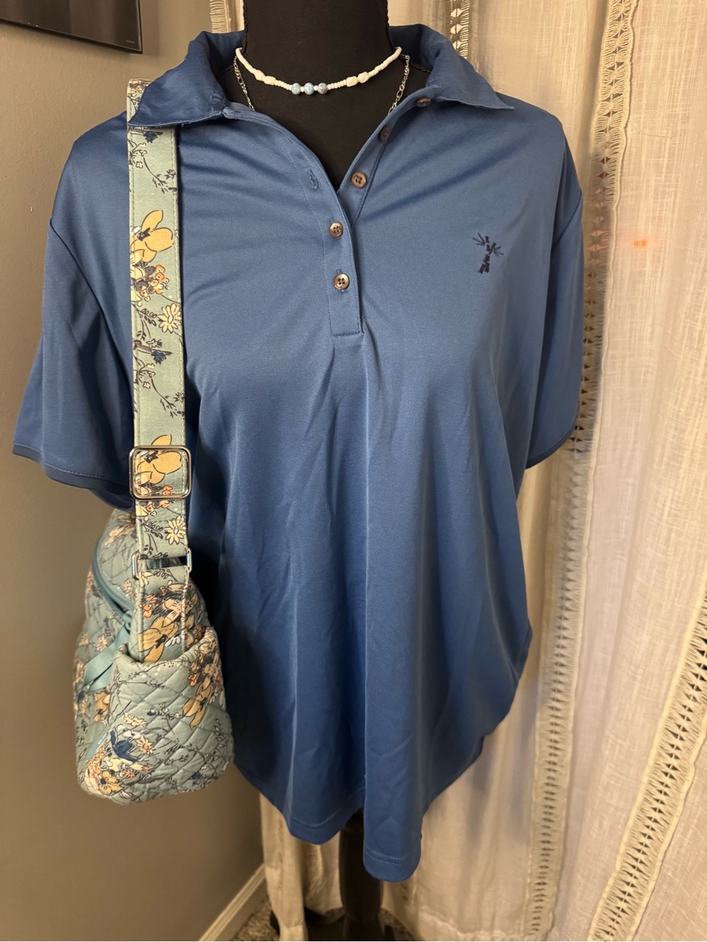 Women's Short-Sleeve Polo Tee in Slate Blue, Bamboo and Charcoal